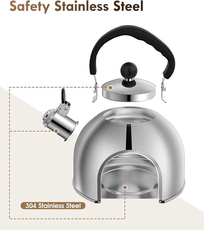 Tea Kettle for Stove Top - Stainless steel Teapot,2 Quart Camping Kettle, Efficient Heating, Audible Whistle, Safe Handle - Hot Water kettle & Tea Pot Stovetop (Silver)