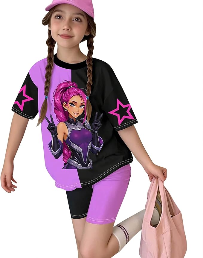 K-POP DEM0N Hunters Outfits for Girls, 2 Piece T-Shirts and Apparel Sets Birthday Gift