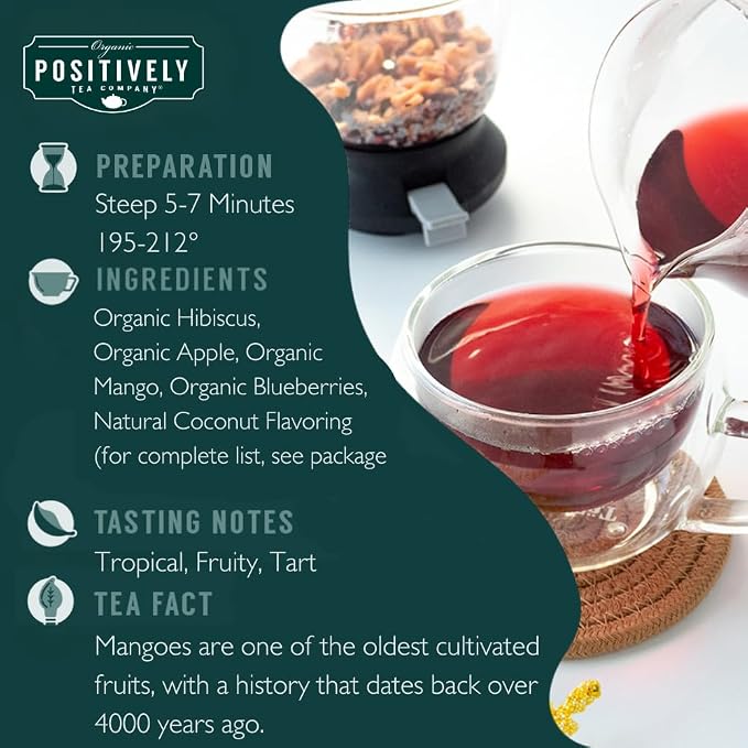 Organic Positively Tea Company, Coco Berry Mango, Herbal Tea, Loose Leaf, 4 Ounce