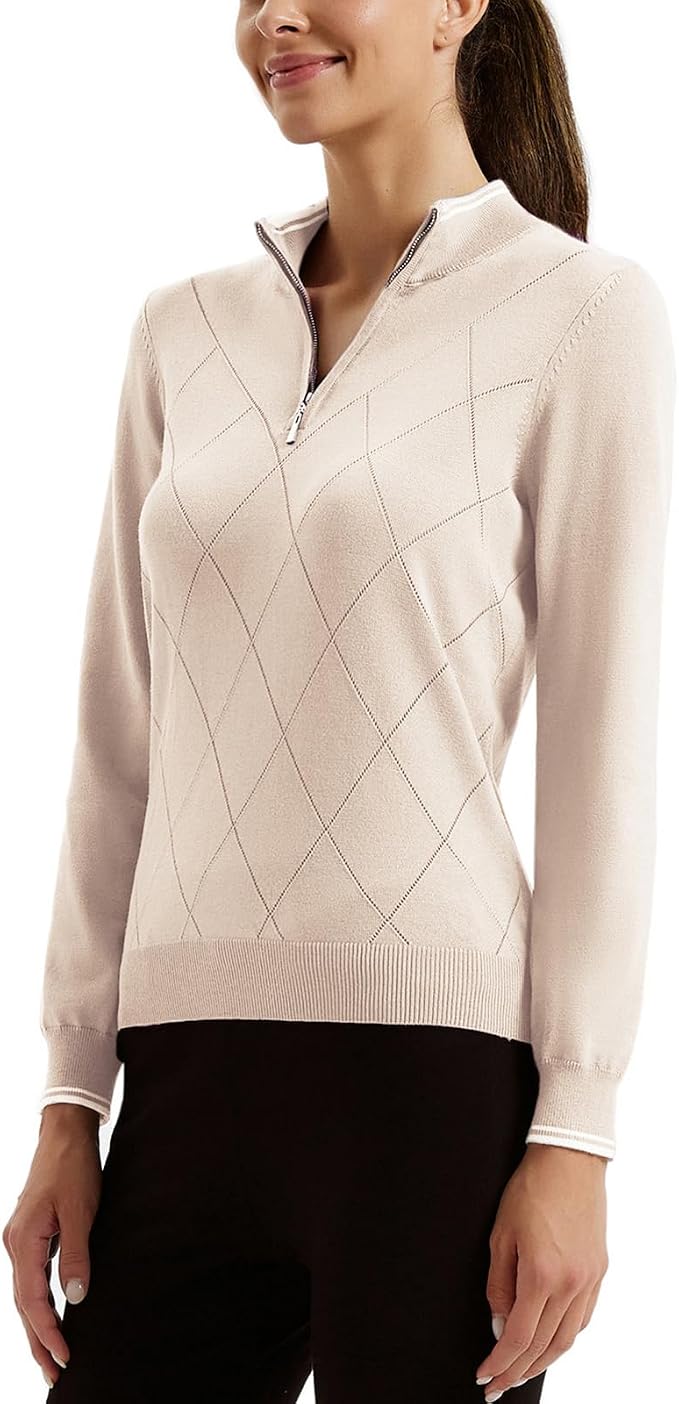 JACK SMITH Quarter Zip Pullover Sweaters for Womens, Rib Polo Sweater Tops | V Neck,Knit,Long Sleeve,Argyle,Open Pattern,Callar,Lightweight,Fashion,Golf Work Business Daily Wear Versatile Pullover Shirt