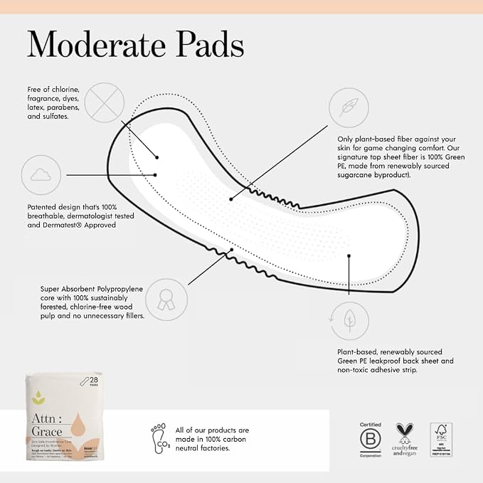 Attn: Grace Moderate Incontinence Pads for Women, 2-Pack (56 Pads Total / 28 per Pack) - Plant-Based, High Absorbency, Breathable - Incontinence Pads for Moderate Bladder Leaks & Sensitive Skin