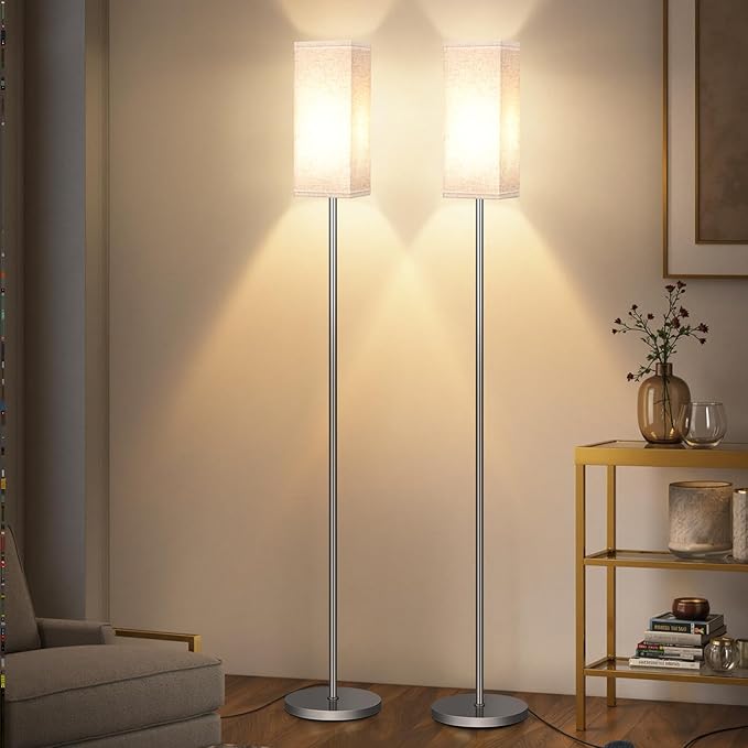 2Pack Floor Lamp, Pole with Foot Switch, Modern Standing Lamp Lamp, Minimalist Freestanding Lamp (Bulb Not Included), for Living Room, Bedroom Office ETL Listed, Silver and Beige SE07LDP205