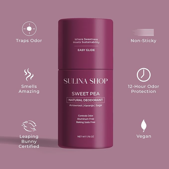 Sulina Shop Natural Deodorant, Aluminum Free, Sweet Pea | Soft sweet pea scent, Sensitive skin-friendly, Baking soda-free, Plant-based ingredients
