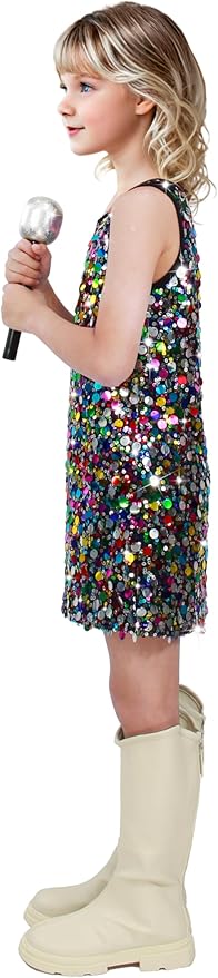 Girls Sequin Dress Sparkly Sleeveless Costume Prom Concert Party Outfit with Glitter Microphone Prop
