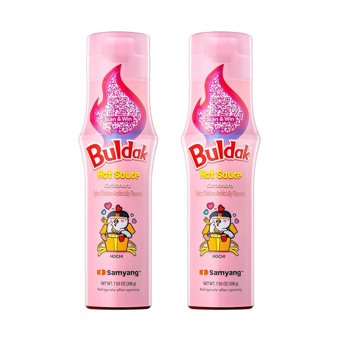 Buldak Carbonara Korean Creamy Spicy Hot Chicken Sauce, 5.57 oz 2-Pack | Creamy Pink Sauce heat in a bottle; Drizzle on pizza, pasta, wings, or fried chicken; Easy squeeze condiment; for daily use