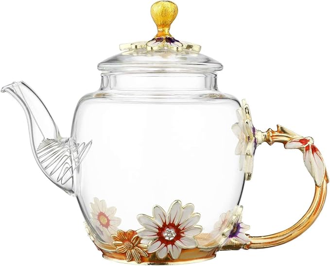 Glass Teapot -300 ml (10 oz), Flower Decoration Heat Resistant Glass Teapot Kettle with Golden Leaf Edge Color Floral Pattern Retro Teapot Tea Party Set (Pink)