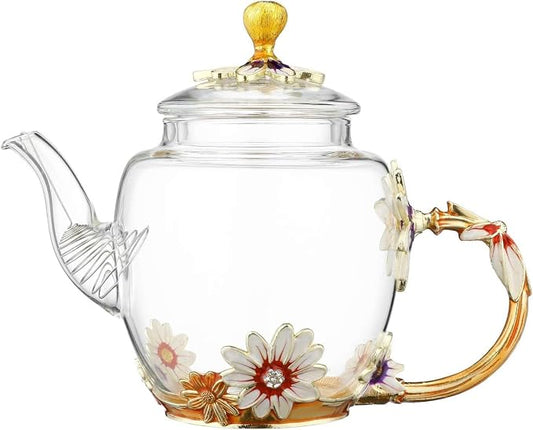 Glass Teapot -300 ml (10 oz), Flower Decoration Heat Resistant Glass Teapot Kettle with Golden Leaf Edge Color Floral Pattern Retro Teapot Tea Party Set (Pink)