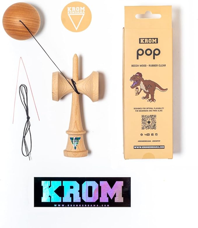 Kendama Toy POP Natural Look - High Wood Quality - Extra Strong - for Beginner and Pro - Gift Pack : Extra String + Stickers