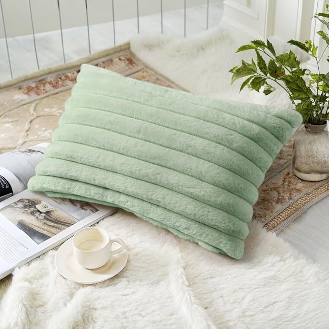 decorUhome Fall Faux Fur Throw Pillow Covers 12x20 Set of 2 Sage Green | Decorative Soft Cozy Striped Plush Modern Farmhouse Boho Couch Pillow Cases Velvet Back for Sofa Bed Living Room Home Decor