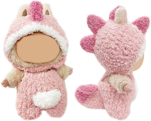 Pink Dinosaur Outfit for Labubu Dolls, Soft Plush Fits Popmart 15-17cm Doll Clothes, Cute Dino Costume for Labubu Clothes Collection