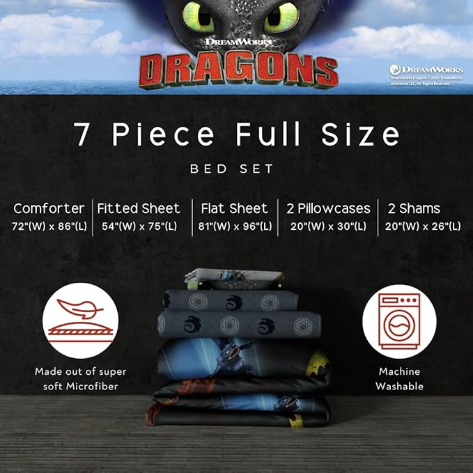 How to Train Your Dragon Kids Bedding Super Soft & Cozy Reversible Microfiber Comforter and Sheet Set with Sham, 7 Piece Full Size, (Officially Licensed Product) By Franco