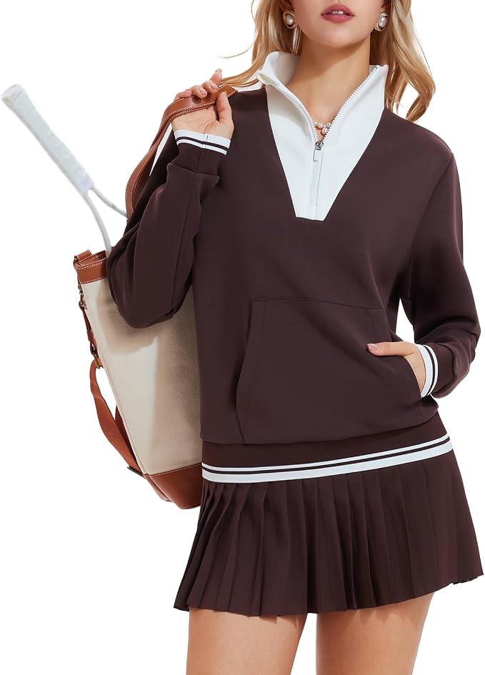 Airfree Women Two Piece Tennis Skirt Set Golf Outfits Half Zip Oversize Pullover Sweatshirt 2 Piece Skirt Sets with Pockets
