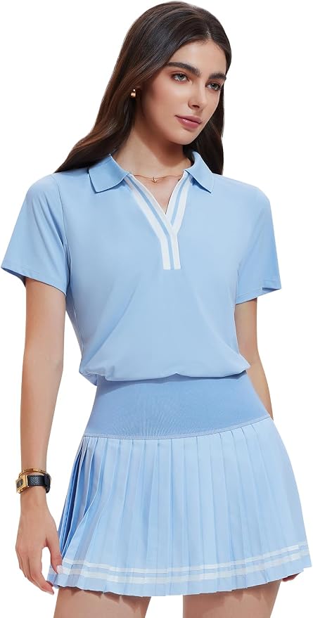 Women 2 Piece Tennis Skirt Set Pleated Golf Outfit, Polo V-Neck Athletic Dress Alternative Skort Set for Pickleball Pockets