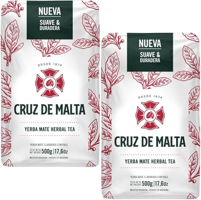 Cruz de Malta Yerba Mate Traditional Argentina Brew Gluten-Free Large Leaf Low Dust | USA Specific Packaging | (1.1 Lb - 500Gr) - Pack of 2