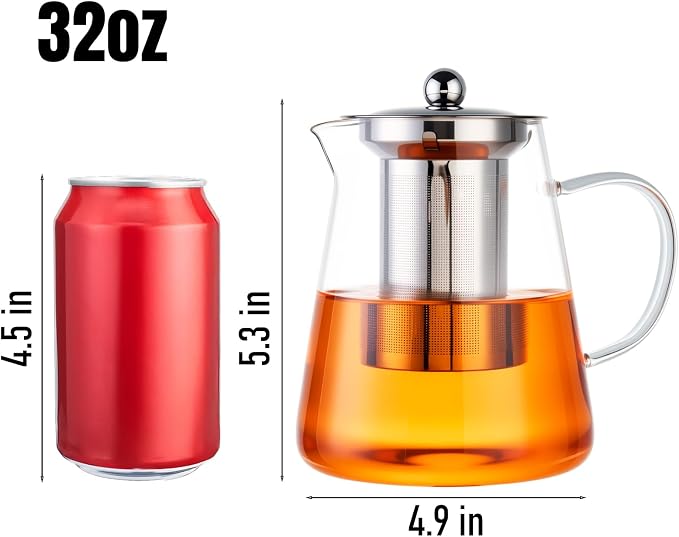 Baalaka Glass Teapot 33oz/950ml, Tea Pot with Removable Infusers for Loose Tea, Borosilicate Glass Tea Kettle Tea Maker Stovetop for Camping, Tea Infuser for Loose Leaf Tea Travel