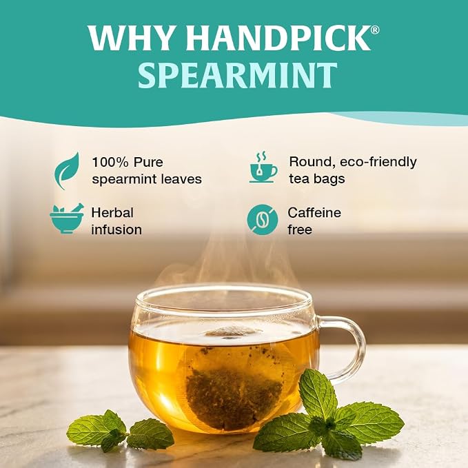 HANDPICK, Spearmint Tea Bags (40 Herbal Tea Bags) |Refreshing Mint Tea | Non-GMO | Round Eco-Conscious Teabags