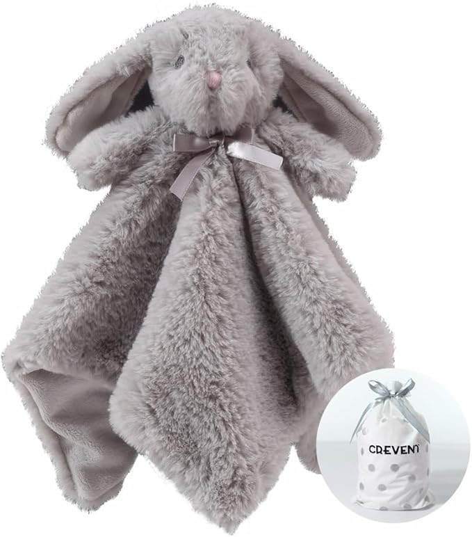 CREVENT Cozy Plush Baby Security Blanket Loveys for Baby Boys and Girls, Faux Fur Front + Mink Backing with Animal Face (Grey Bunny)