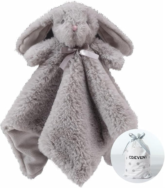 CREVENT Cozy Plush Baby Security Blanket Loveys for Baby Boys and Girls, Faux Fur Front + Mink Backing with Animal Face (Grey Bunny)