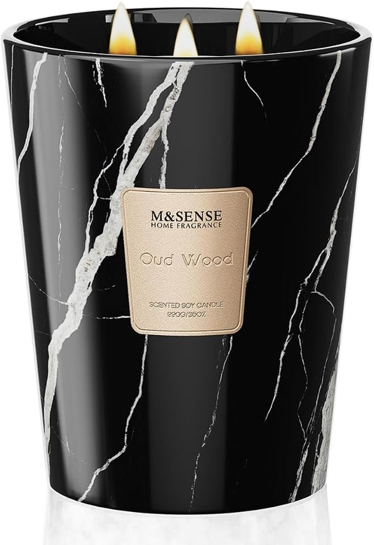 M&SENSE Extra Large Candle OudWood Intense Scented Candle,3 Wick Highly Scented XL Jar Candle,35oz 150H,Candles Gift for Women and Men