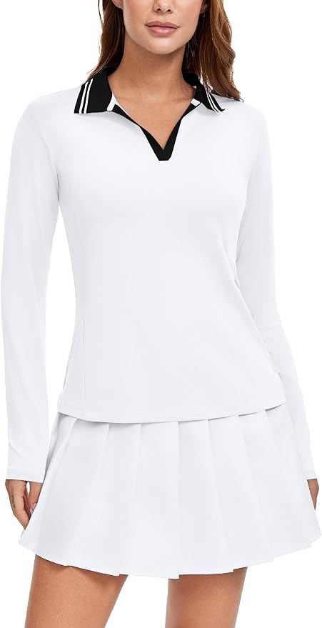 MathCat Womens Golf Shirts, Long Sleeve Polo Shirts Collared V Neck Tennis Shirts Breathable Athletic Tops