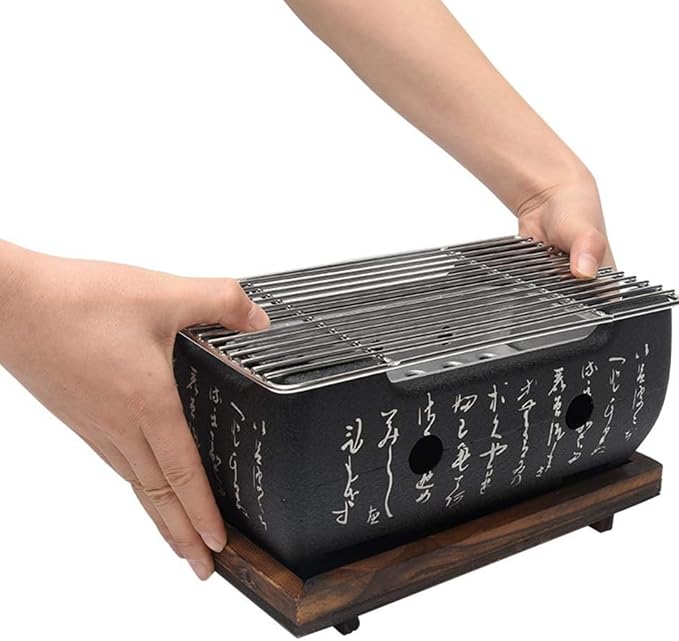 Japanese Hibachi Grill, Portable Tabletop Yakitori Charcoal Grill for Indoor Outdoor BBQ with Wooden Base & Cooking Grate 4.9x4.5x9.4in