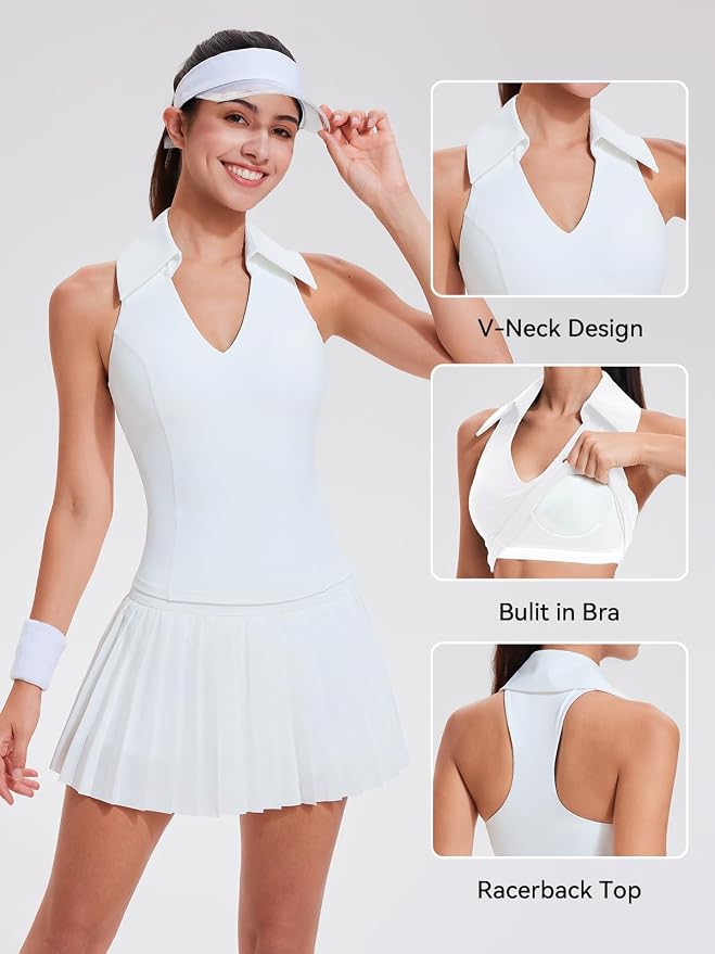 Women 2 Piece Tennis Skirt Set Polo Golf Outfits Racerback Tank Top Pleated Skort with Pockets Summer Workout Athletic Dress