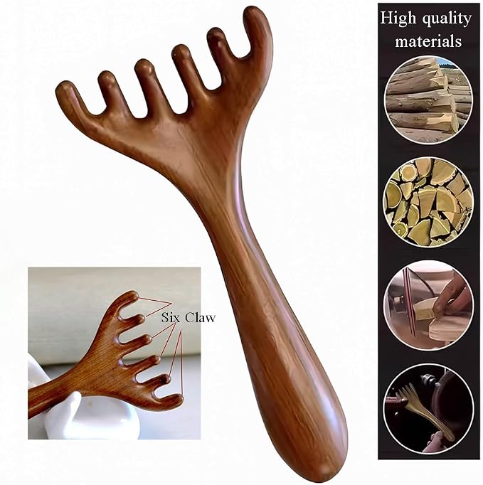 OULIGET Natural Wooden Gua Sha Tool,Wooden Gua Sha Scraping Massage Tool,Long Handle Sandalwood Six Claw Antler Massager,1 Pieces