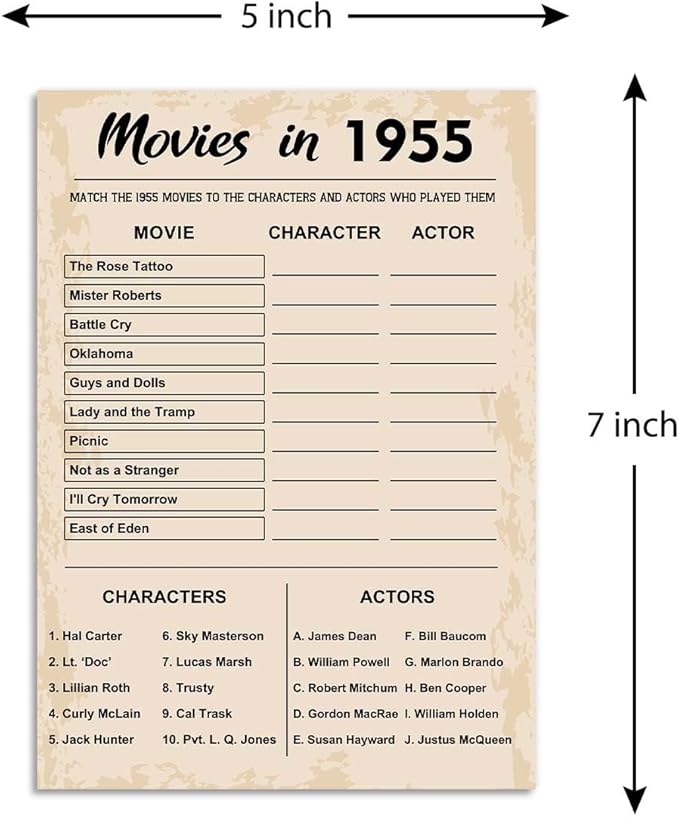 70th Birthday Party Games, Movies in 1955 Games, Birthday Party Supplies for Adults, Fun 1955s Party Game，Pack of 30 Cards