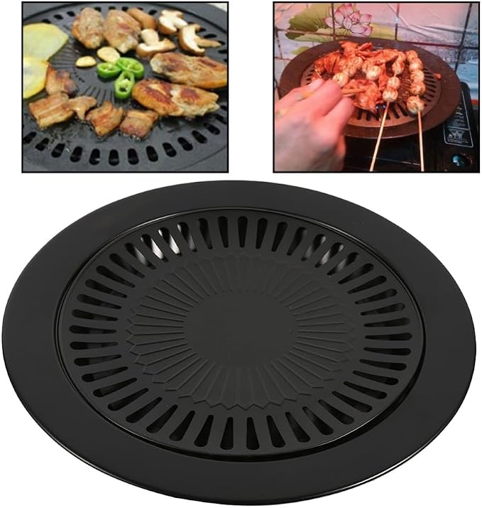Korean BBQ Grill Pan - Round Iron Roasting Tray Nonstick Oil Drain Design 32 cm for Indoor Outdoor Barbecue Meat Vegetables