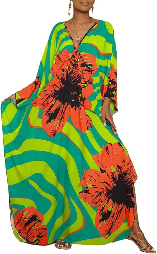 Bsubseach Kaftan Dresses for Women Floral Print Plus Size Beach Cover Up | Lightweight V Neck Loose Fit Boho Dress, Batwing Sleeve Side Slit, Moo Moos for Women Home Loungwear Cruise Resort Wear