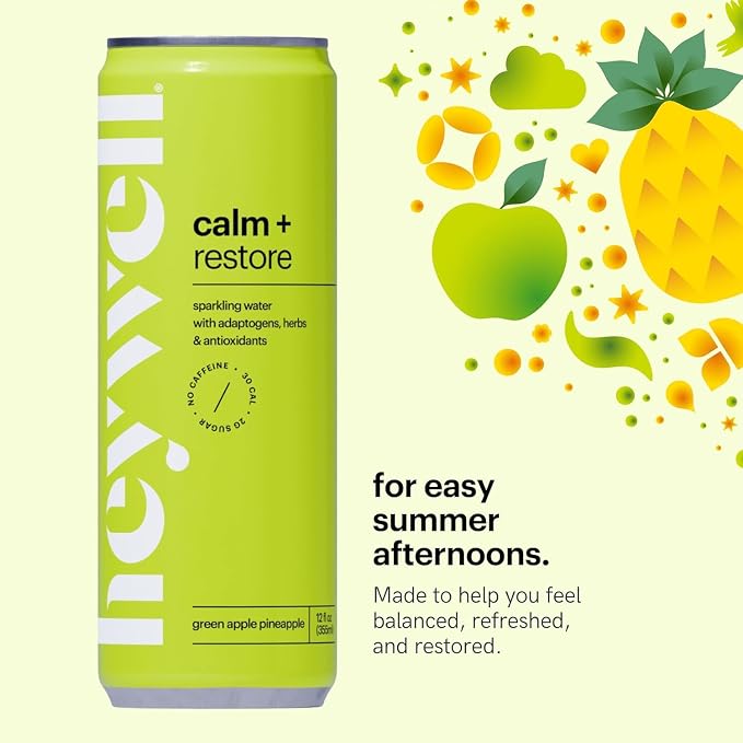 Heywell Sparkling Adaptogenic Water Calm and Restore, Green Apple Pineapple Flavor 12 Fluid Ounce (Pack of 12) - Non Caffeinated, Organic, Non GMO, Vegan, Gluten Free, Dairy Free