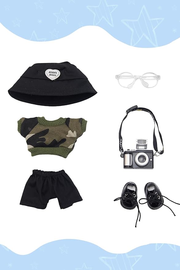 17cm Dolls Clothes 6 Pcs Set Plush Doll Outfits Shirt Pants Hat Camera Glasses Shoes Clothing Accessories Set No Doll