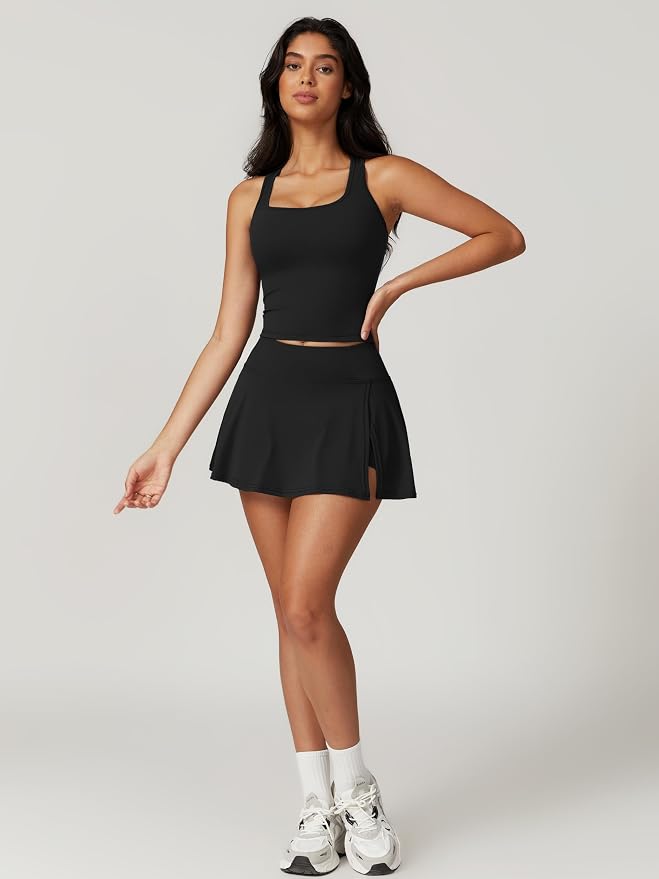 ABOCIW 2 Piece Tennis Dresses for Women Side Slit Mini Skirt Set Racerback Workout Crop Tank Top Golf Outfits