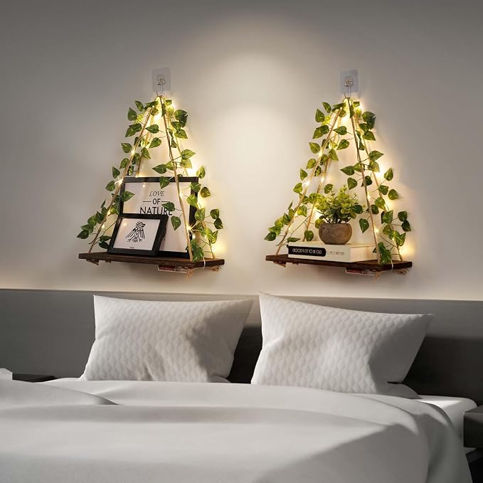 EXIN DECHEN Wall Decor for Bedroom,Floating Shelves,Room Decor Aesthetic | Set of 2,No Drill Shelves,Leaves and Light Strip with Flower,Cute,Teen Girls,Princess,Coquette for Dorm Livingroom Decor