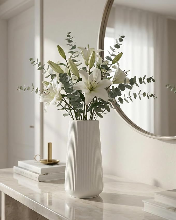 White Ceramic Vase, 8 Inch Flower Vases for Pampas Grass and Dried Flowers, Modern Vase for Living Room Table, Kitchen Shelf, Wedding Centerpiece Decor