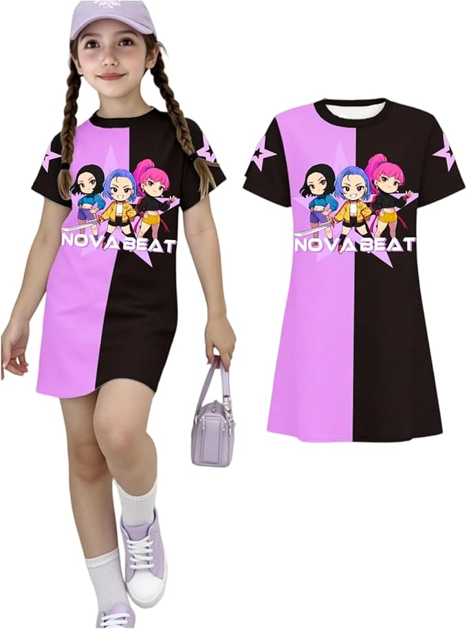 Girl's Anime K-POP Graphic Long Dress T-Shirt - Casual Loose Fit Short Sleeve Top