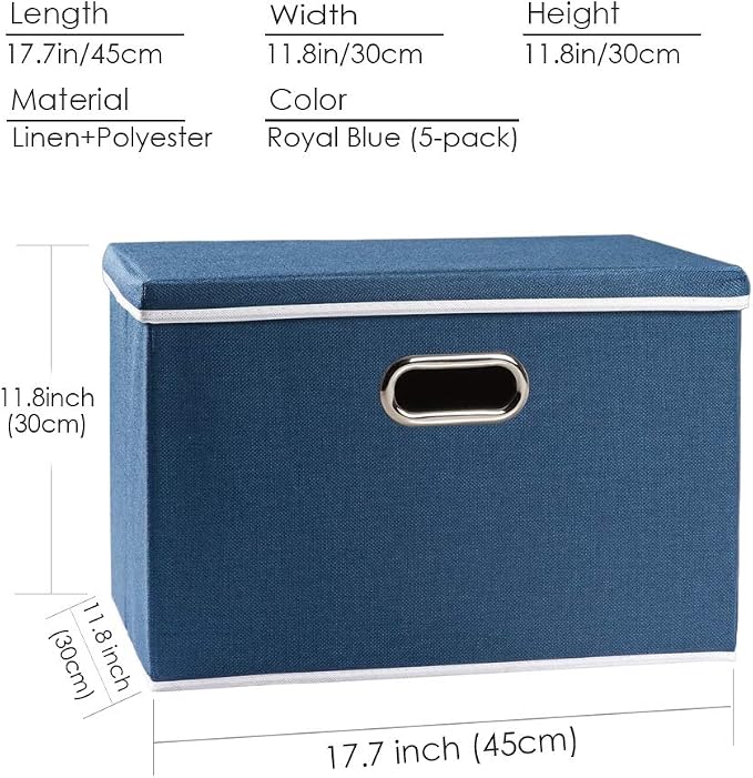 Large Collapsible Storage Bins with Lids [5-Pack] Fabric Foldable Storage Boxes Organizer Containers Baskets Cube with Cover for Home Bedroom Closet Office Royal Blue(17.7x11.8x11.8)