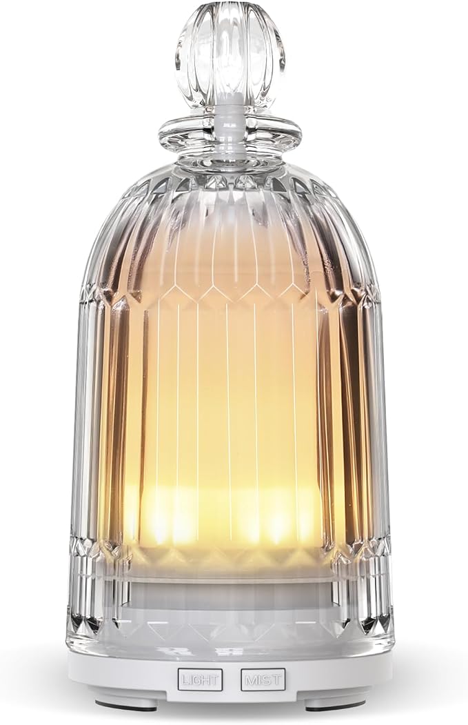 Glass Essential Oil Diffuser, Aroma Diffusers with Glass Cover & Plastic Reservoir Small Humidifiers with 7 Color LED Lights Auto-Off for Home Office Bedroom Yoga 120ml(White Bottom)