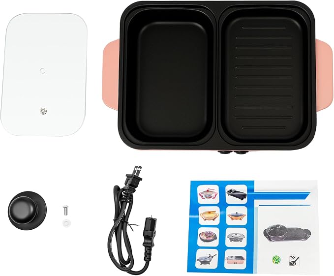 Electric Hot Pot with Grill 2 in 1 Korean BBQ Grill Indoor Cooking Electric Shabu Shabu Pot Indoor Smokeless Grill, Non-stick & Independent Dual Temperature Control (Pink+Black)