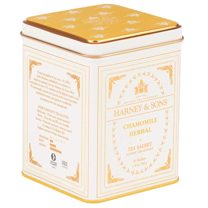 Harney & Sons Chamomile Herbal Tea, 20 Sachets in Classic Tin – Premium Egyptian Chamomile, Caffeine-Free, Relaxing Floral Herbal Tea