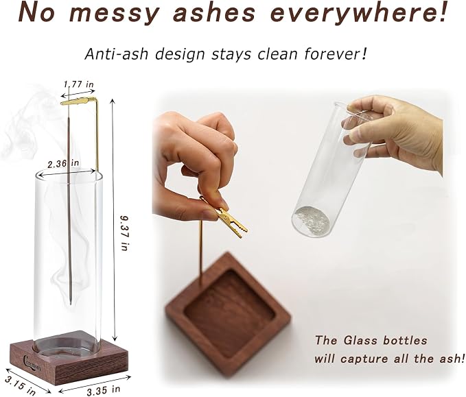 Ceremony Incense Holder, Wooden Incense Holder for Sticks with Glass Ash Catcher Inverted Scent Holder