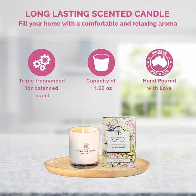 Wavertree & London Organic Flower Market Scent Soy Wax Candle | Non Toxic 100% Cotton Wick Triple Scented Pure Natural Soy Wax Candles, Hand Poured in Australia | 60 Hours Burning Time, 11.66 Oz