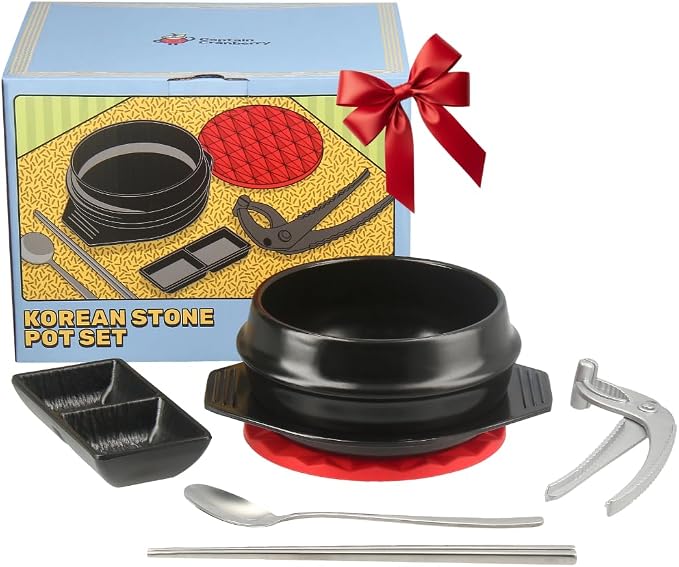Korean Stone Pot Set, Dolsot Ttukbaegi Cookware, 38.7oz | 7 Piece Set, 38.7oz, Hot Pot Grip, For Bibimbap Soup Jjigae and Ramen, Ceramic Earthenware, Korean Soup Bowl