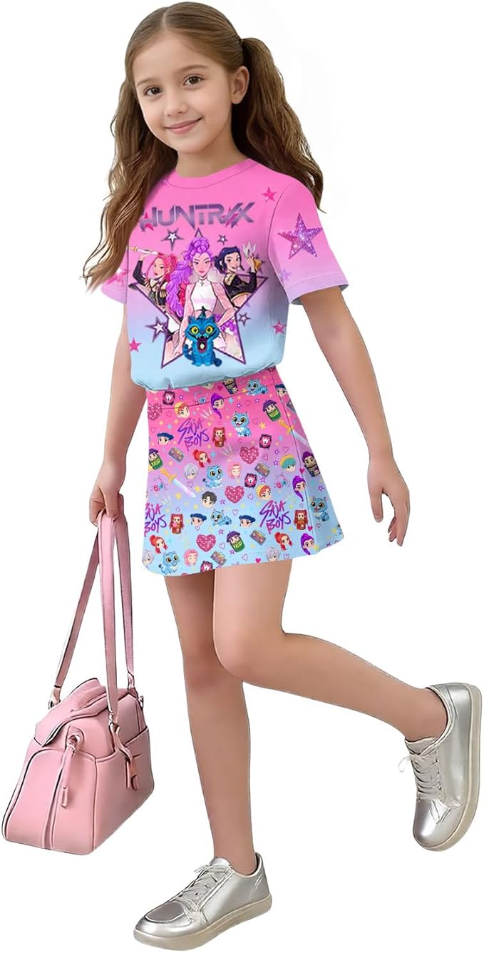 HTHLVMD K Pop Short Sleeve T-Shirt and Skirts Outfits Set for Girls Hunters Rumi Mira Zoey Graphic Tees De-Mon Costume