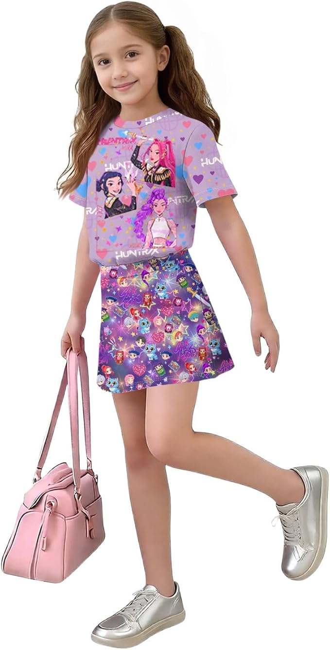 Girls 2-Piece Anime Outfit Set, Short Sleeve Graphic T-Shirt and Printed Skirt Set
