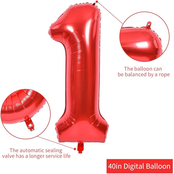 TONIFUL 40 Inch Red Large Numbers Balloons 0-9, Number 1 Digital 1 Helium Balloons, Foil Mylar Big Number Balloons for Birthday Party Anniversary Supplies Decorations