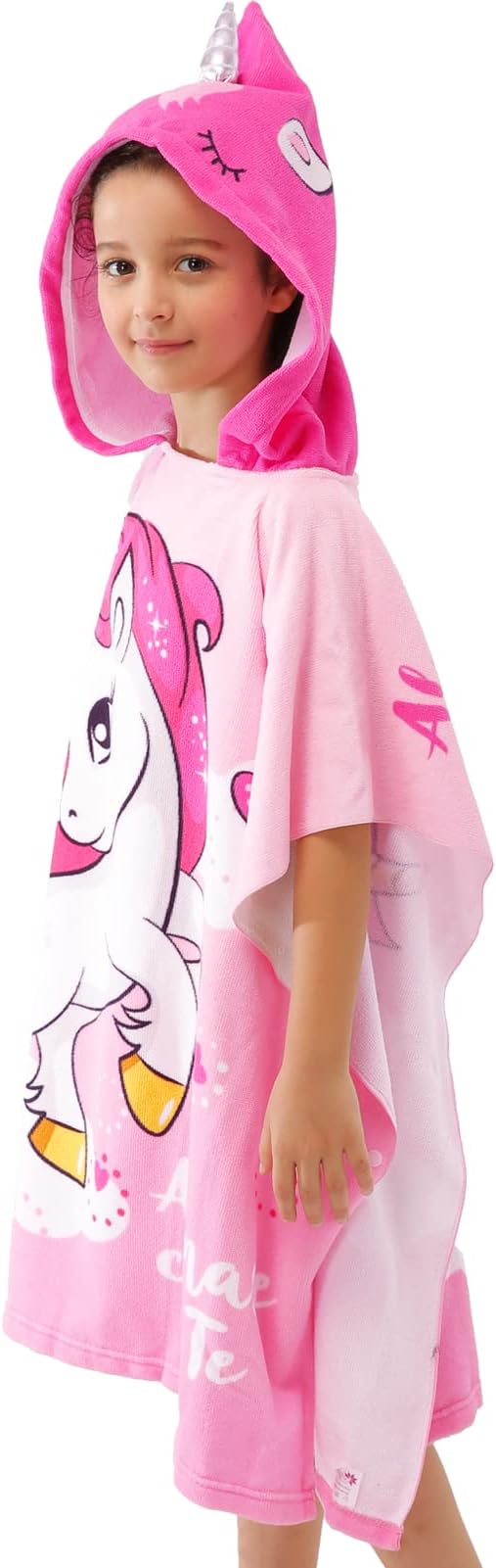 NovForth Kids Beach Towel for Boys Girls, Pink Unicorn Hooded Bath Towel Wrap, Toddler Pool Towel with Hood