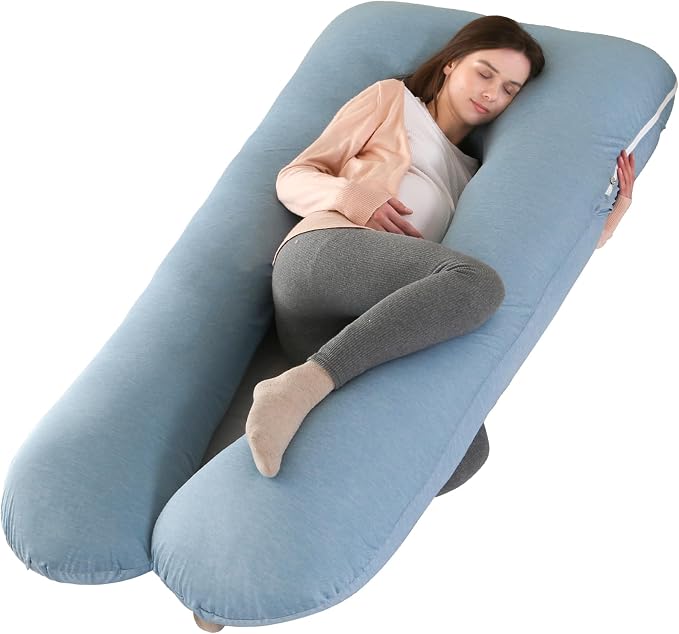 Amagoing Cooling Pregnancy Pillow for Sleeping, U Shaped Maternity Full Body Pillow for Women with Hip, Leg, Back Pain Support, Removable Cooling Cover Included (Light Blue)