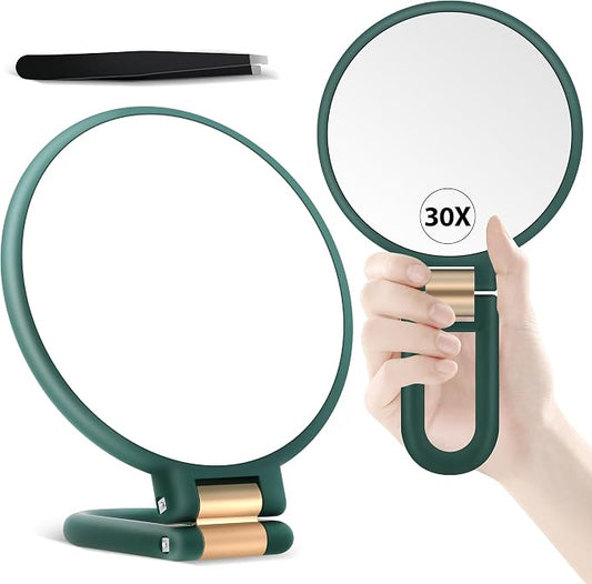 B Beauty Planet 30X Magnifying Mirror, Hand Mirror with Handle, Double Sided Hand Mirror with 30X/1X Magnification, Travel Essential Portable Foldable Makeup Mirror for Precision MakeupGreen