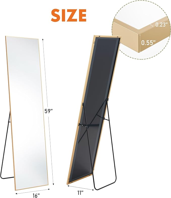 OLIXIS 59"x16.6" Full Length Mirror, Full Body Mirror with Stand | Aluminum Alloy Thin Frame, Free Standing Mirrors for Bedroom, Hanging or Leaning Floor, Living Room Bedroom, Gold